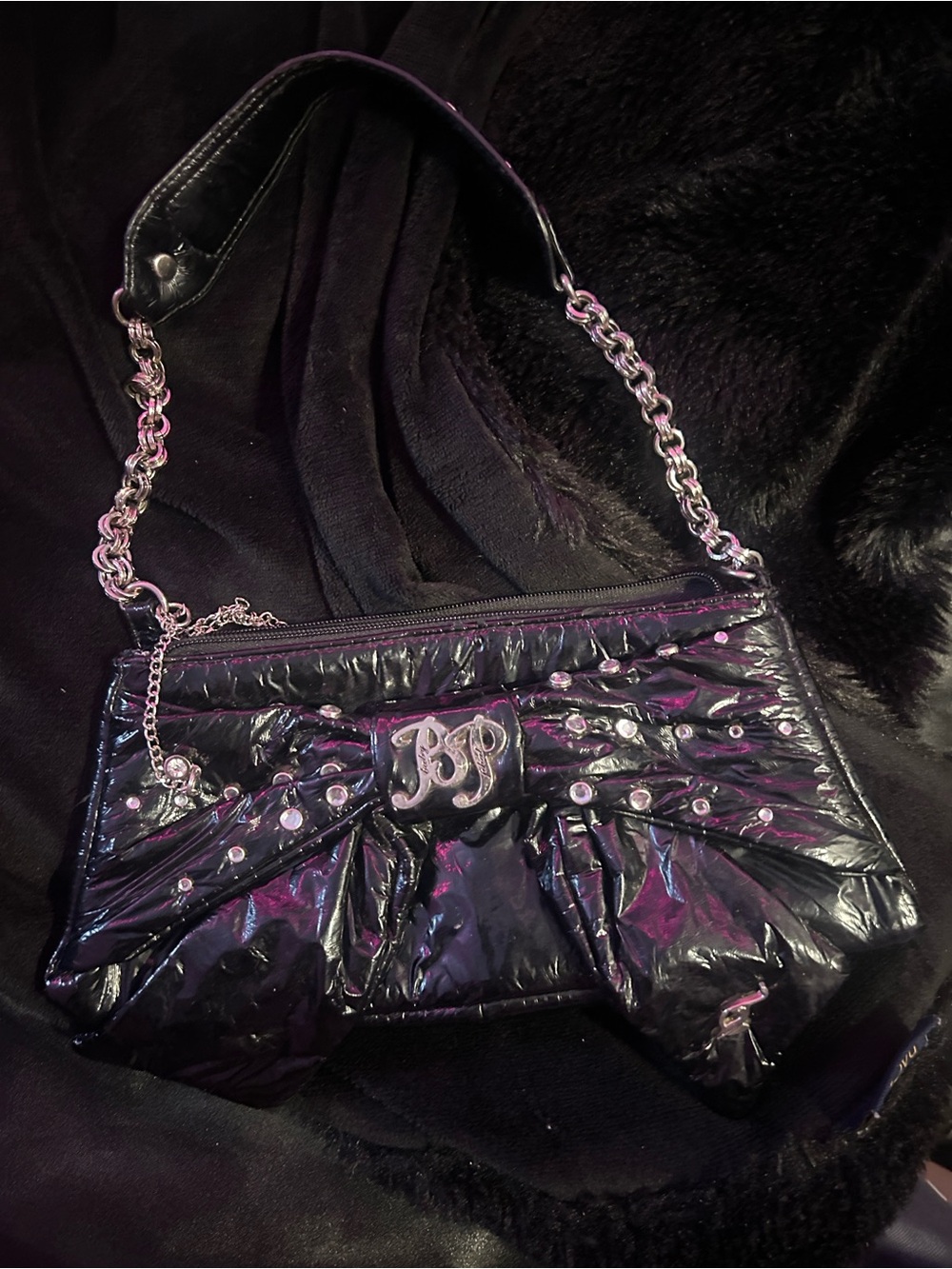 Baby Phat Black Patent Chain-Handle Clutch with Stud Accents